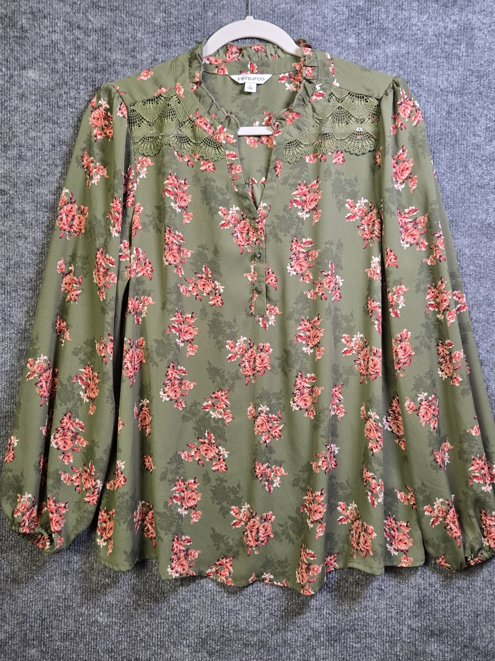 Frye and Co Top Womens L Green Pink Floral Ruffle Lace Overlay Prairie Cowgirl.